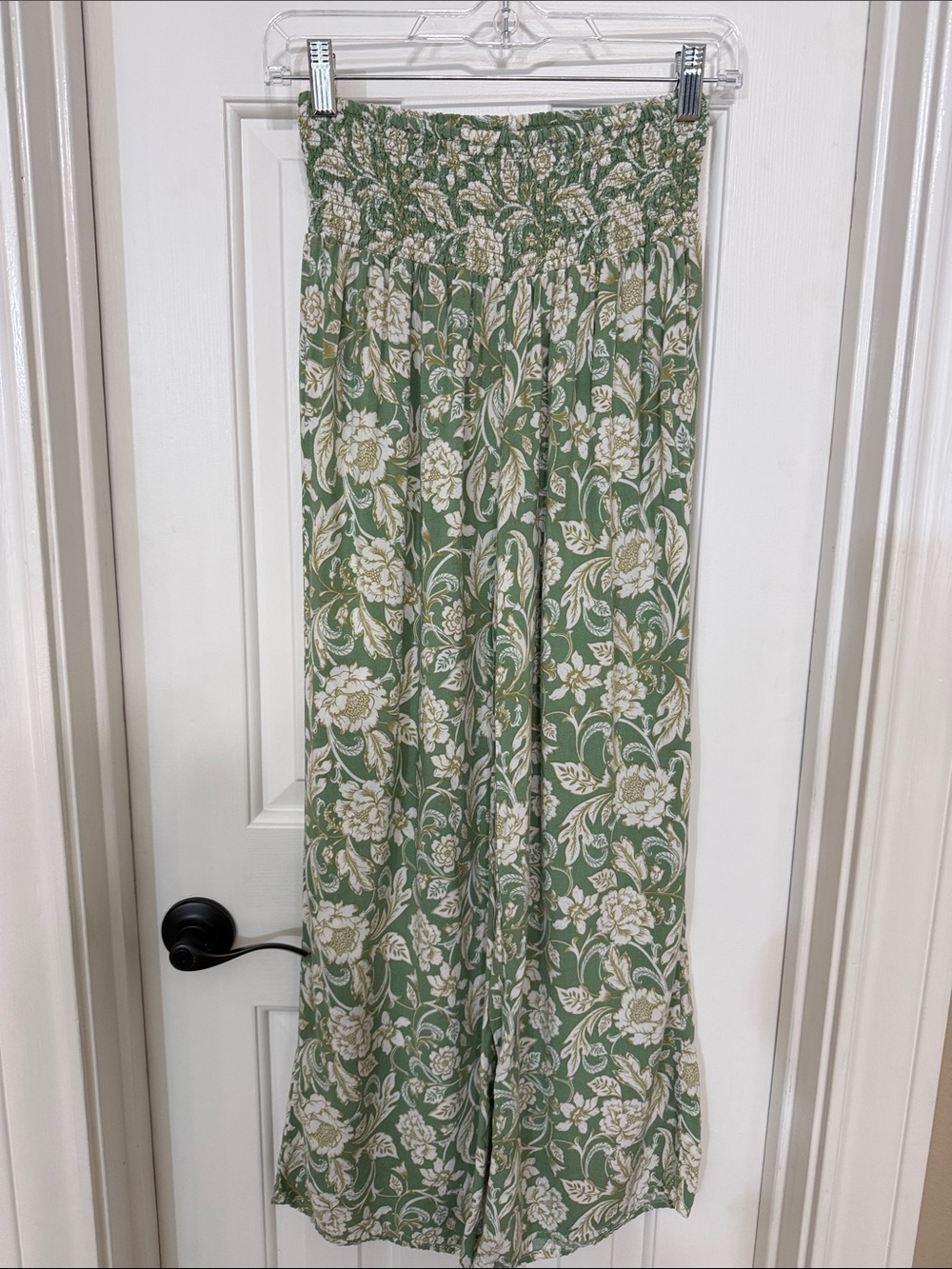 Smocked-Waist Wide-Leg Pants in Sage  and Tan Floral, Boho